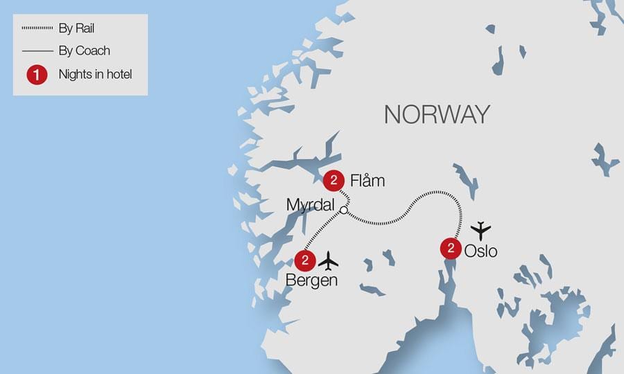 Zemljevid flam železniške Norveška