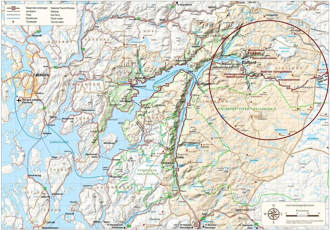 hardangerfjord Norveška zemljevid