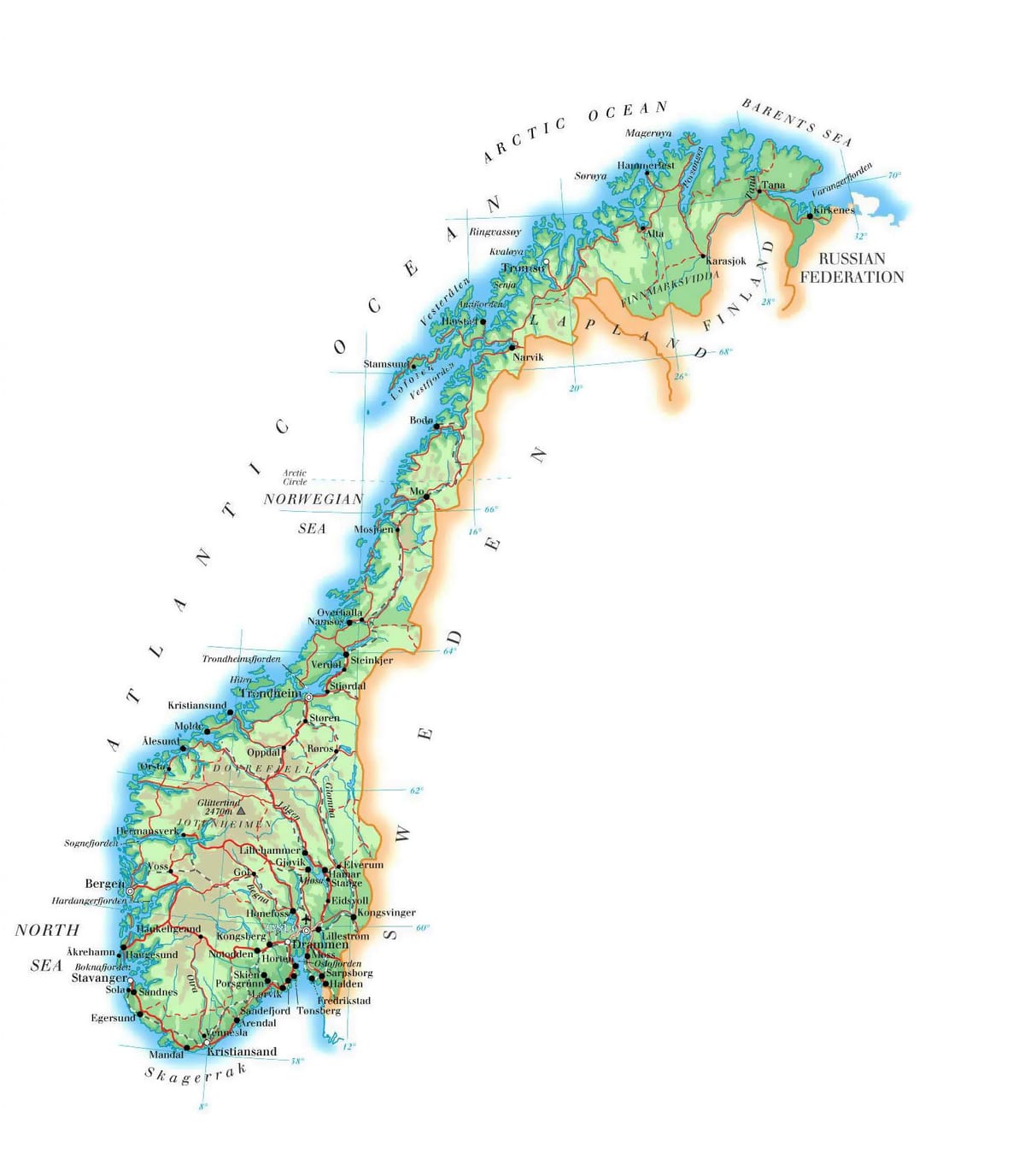 Zemljevid Norveška nadmorske višine