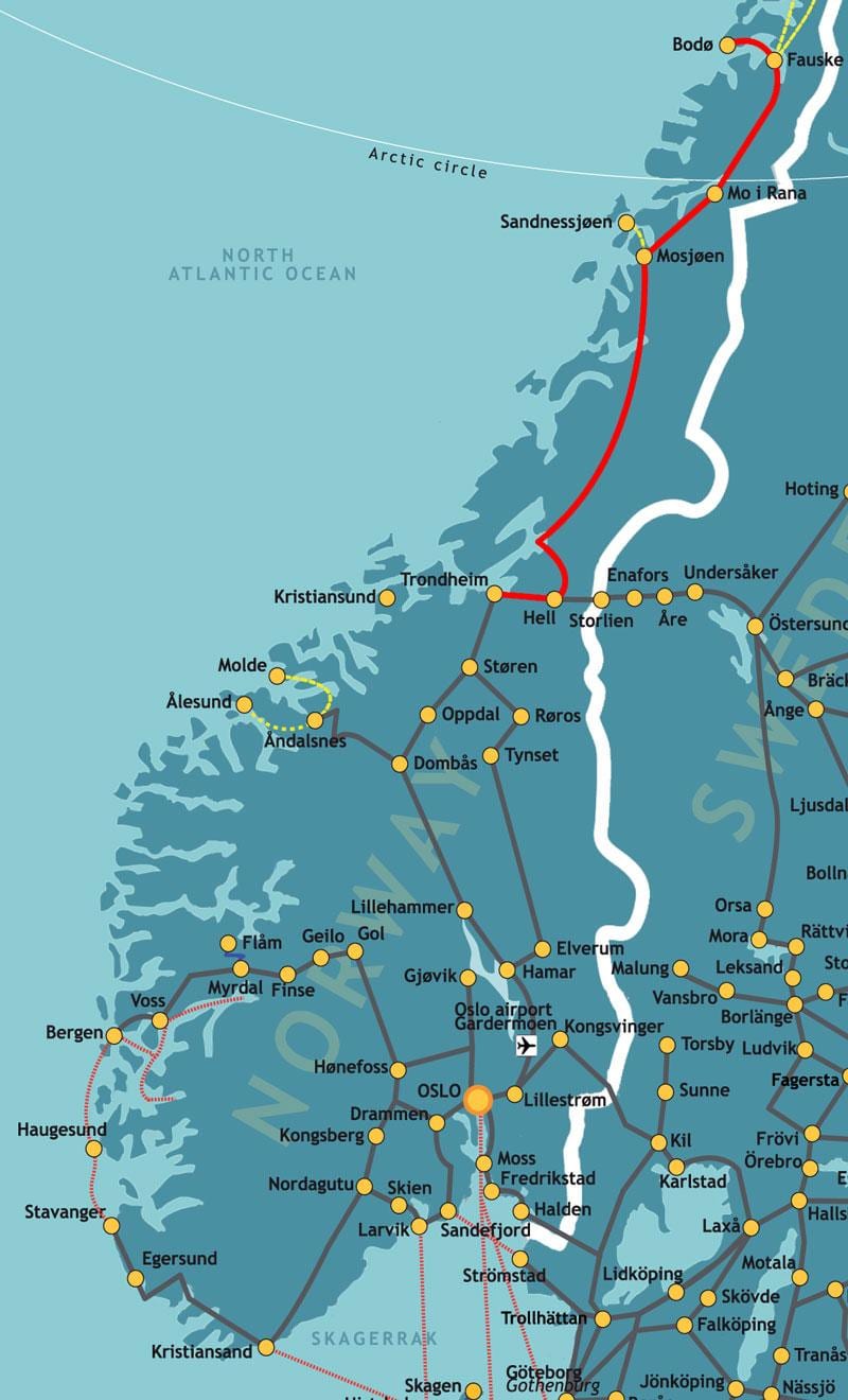 Zemljevid Norveško, severni železniški