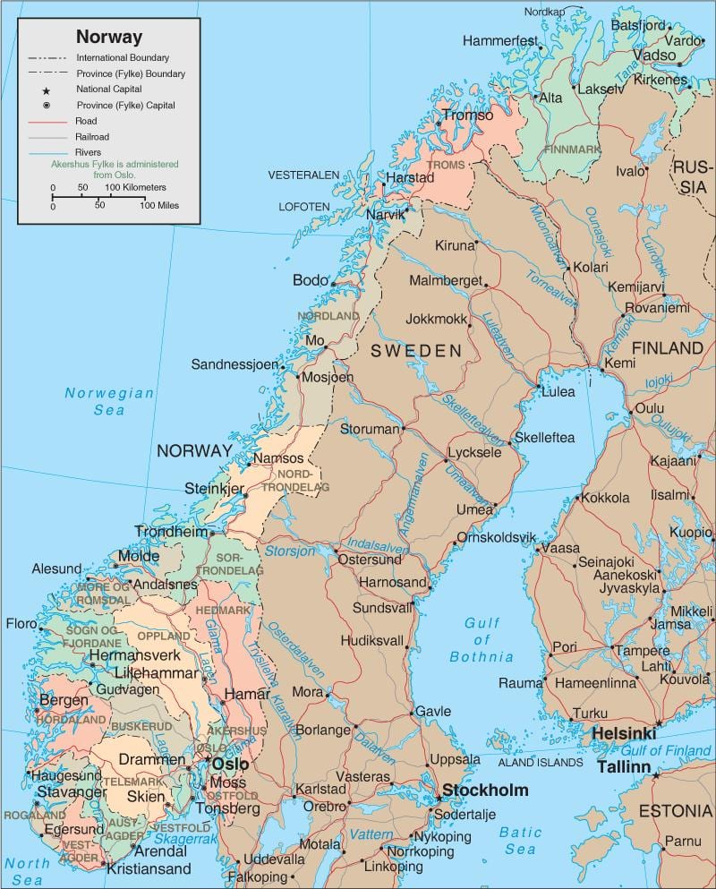 Zemljevid Norveška slapovi