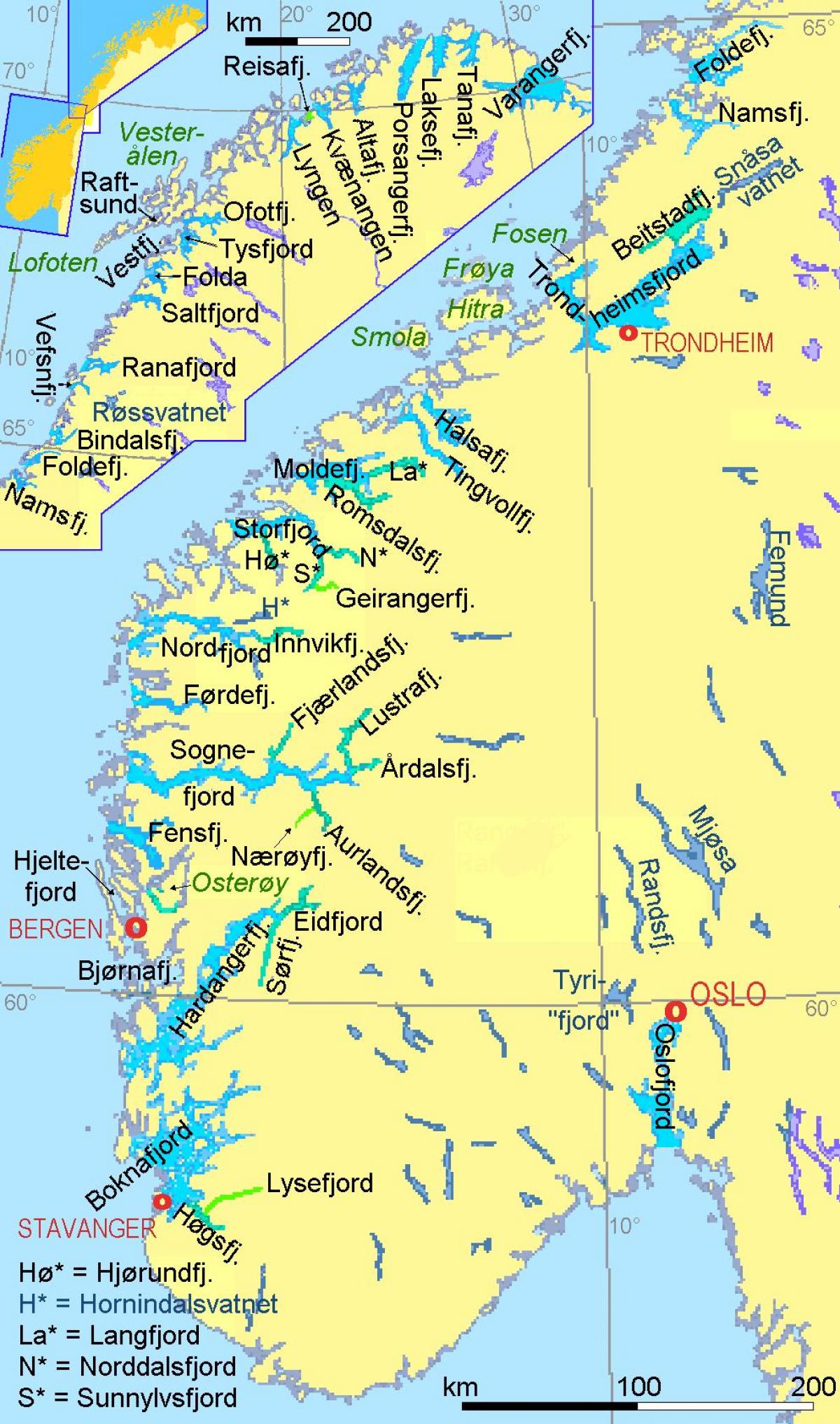 zemljevid Norveška prikazuje fjordov