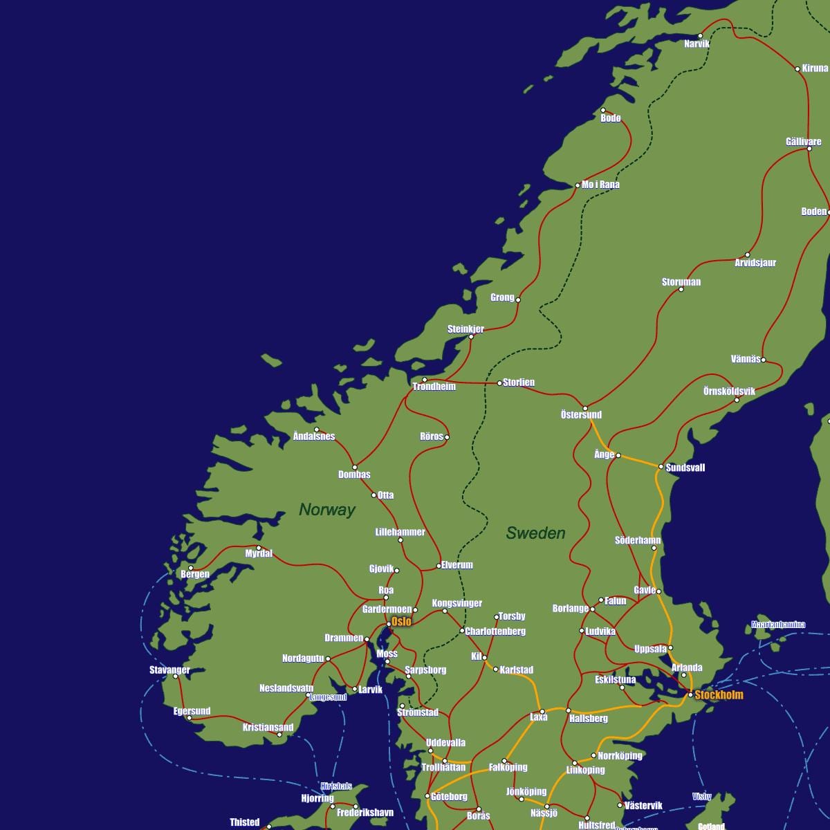 Zemljevid Norveška vlakovnih poti