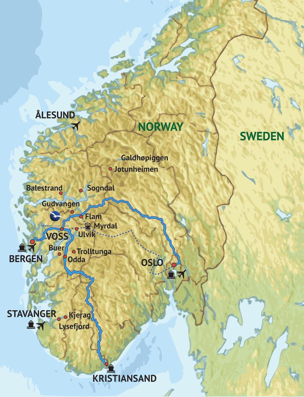 Zemljevid zahodne Norveška