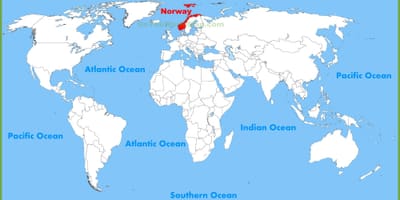 Svetovni zemljevid, ki prikazuje Norveška