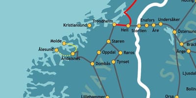 Zemljevid Norveško, severni železniški